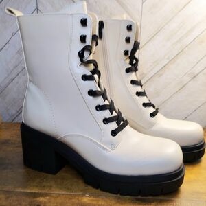 Nine West White and Black Lace Up Boots with Chunky Sole